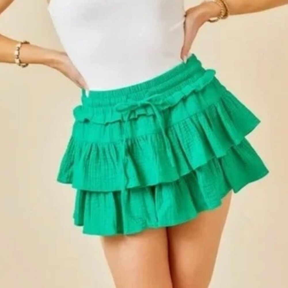 Day + Moon Green Tiered Ruffle Mini Skirt Skort - Size S